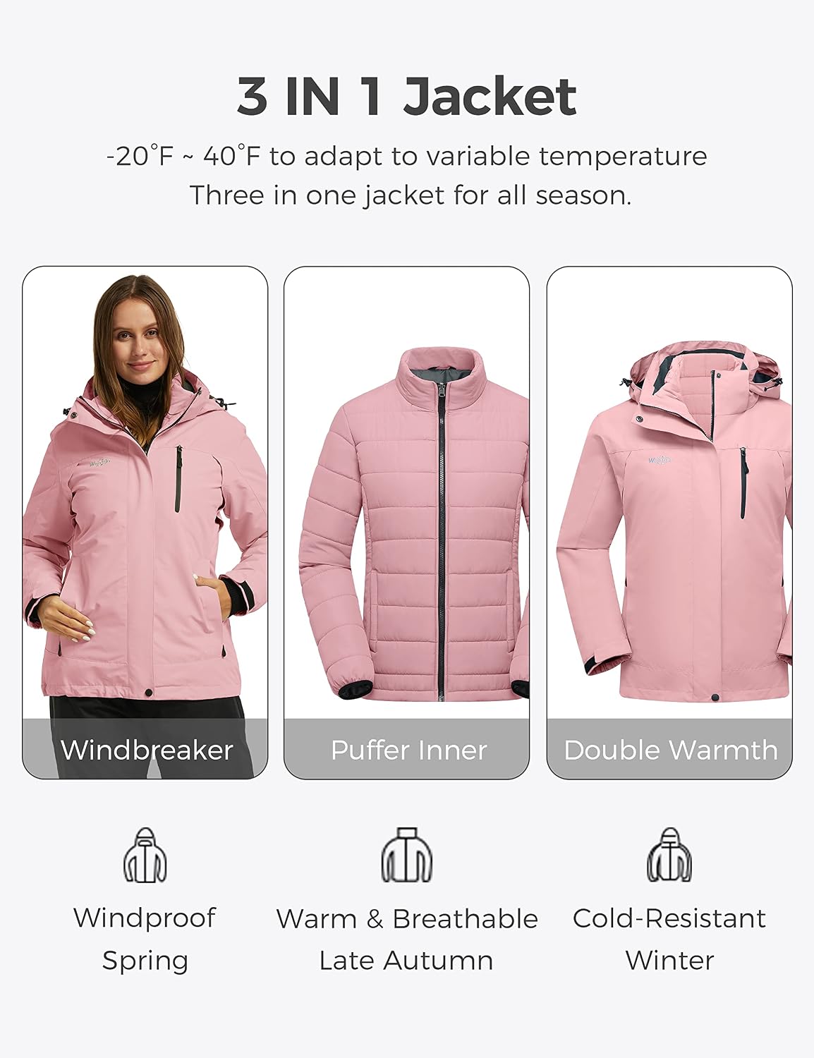 wantdo 3 in 1 Waterproof Ski Jacket Windproof Winter Snow image 3