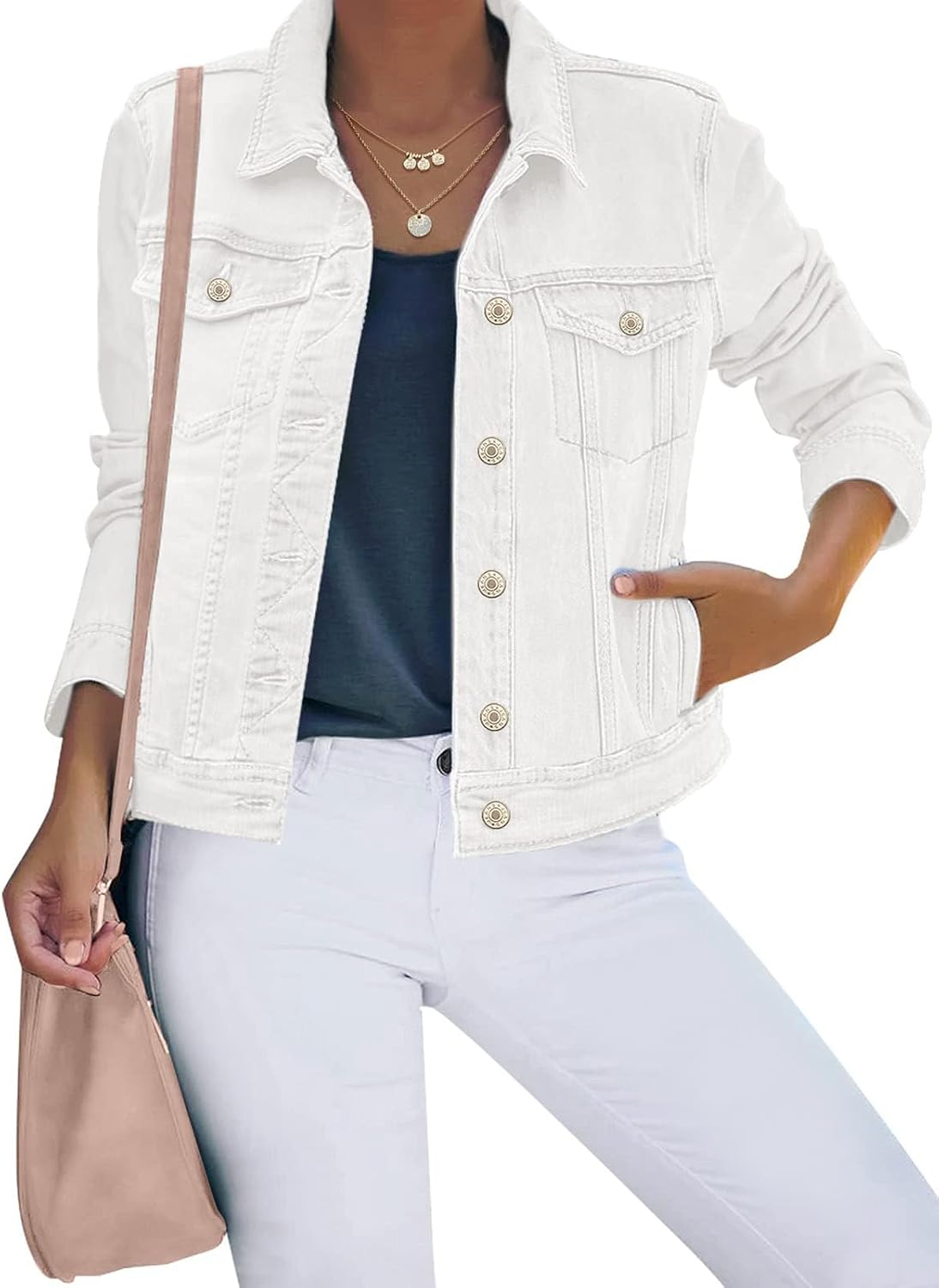 Basic Button Down Stretch Fitted Long Sleeves Denim Jean image 1