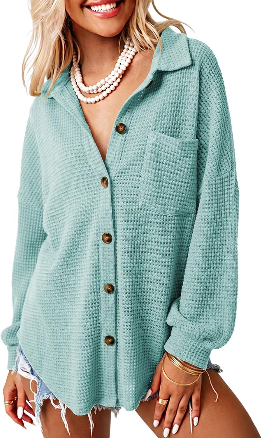 Dokotoo Waffle Knit Shacket Jacket Casual Button Down image 1