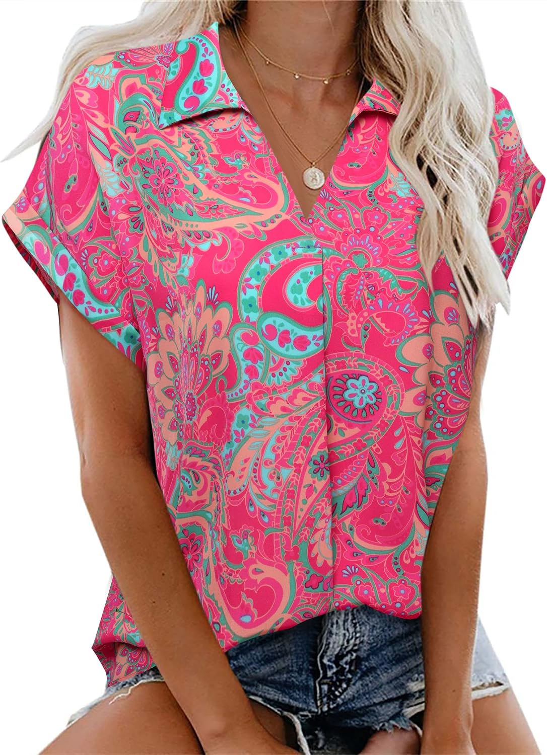 Gaharu Summer Work Blouse V Neck Short Sleeve Lapel Shirt image 2