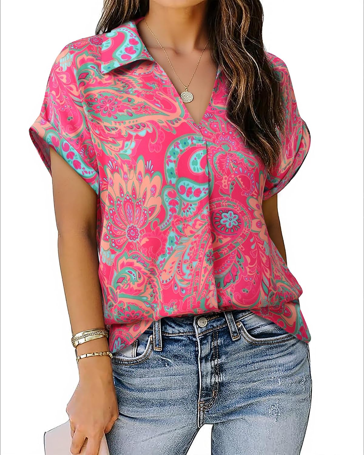 Gaharu Summer Work Blouse V Neck Short Sleeve Lapel Shirt image 3